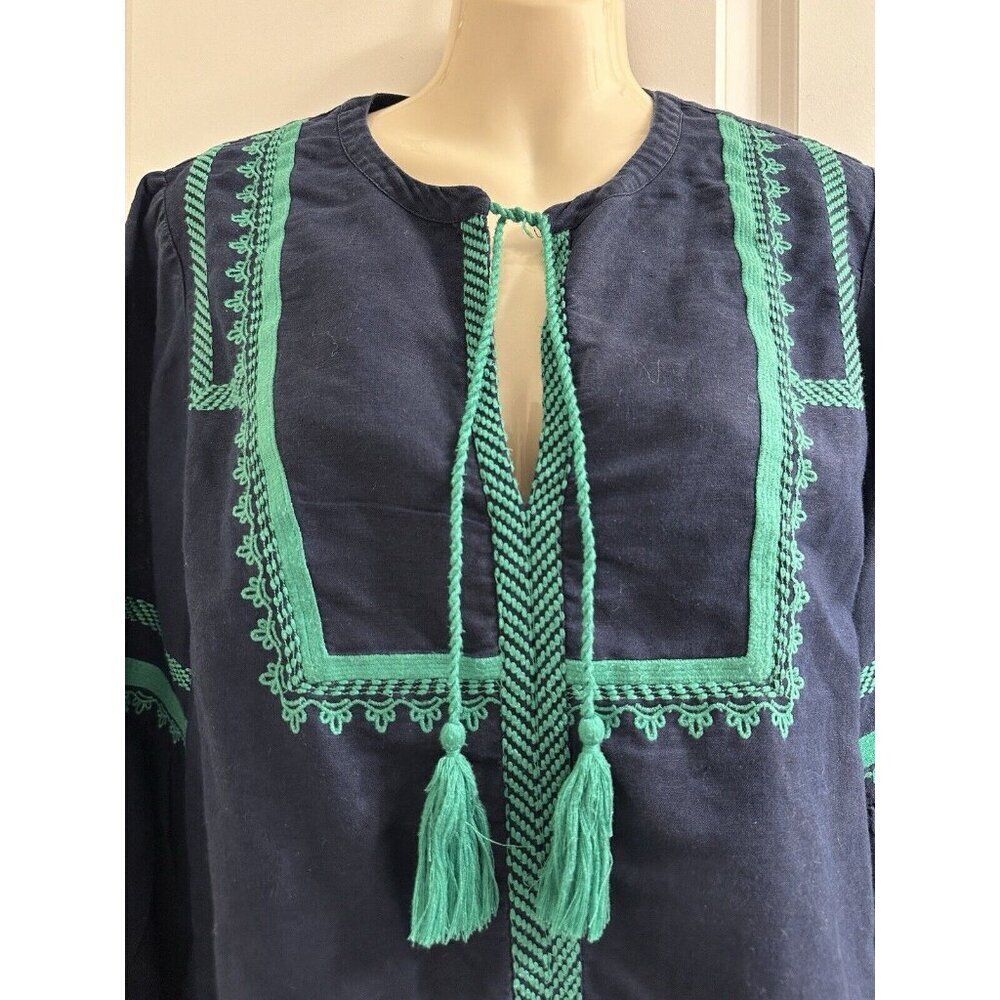 J. Crew Women’s Embroidered Boho Linen & Cotton Navy & Green Top Blouse Size 10 - Picture 5 of 14